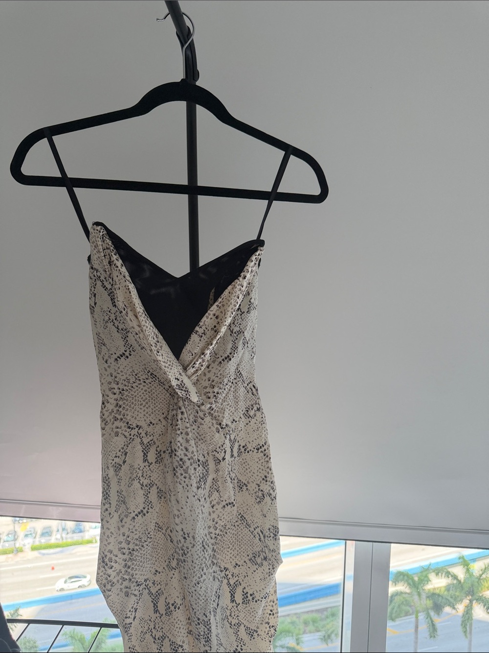 Reiss Cream and Black Snake-Print Strapless Slip Dress with V-Detail